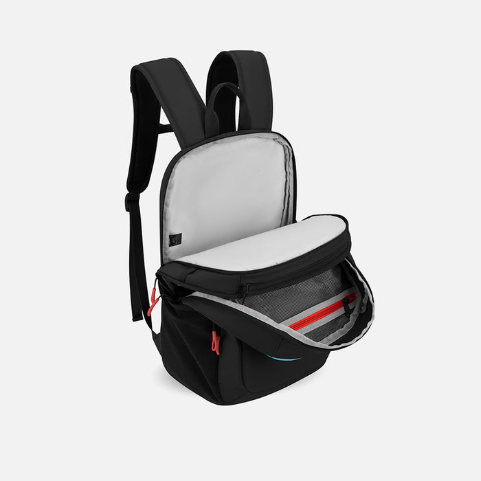 A Sherpani Getaway Chromatic Black Travel Backpack, 3/4 showing inside all pockets on white backdrop. #color_chromatic-black