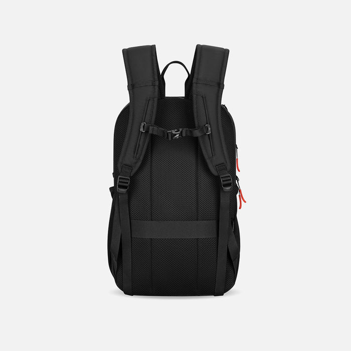 A Sherpani Getaway Chromatic Black Travel Backpack, back view showing shoulder straps and luggage strap on white background. #color_chromatic-black