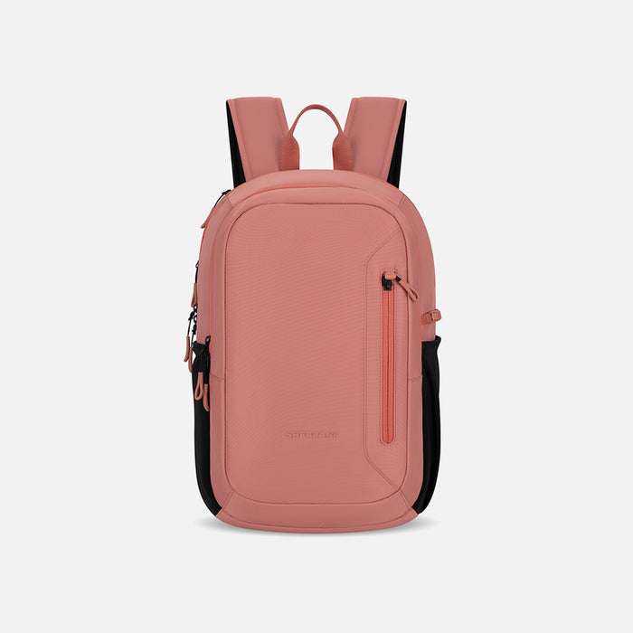 A Sherpani Getaway Desert Pink Travel Backpack, front view showing lockable zipper pocket and straps on white background. #color_desert-pink