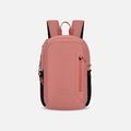 A Sherpani Getaway Desert Pink Travel Backpack, front view showing lockable zipper pocket and straps on white background. #color_desert-pink