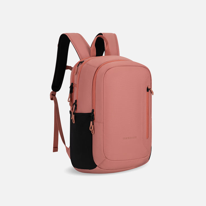 A Sherpani Getaway Desert Pink Travel Backpack, 3/4 view showing lockable zipper pocket and straps on a white background. #color_desert-pink