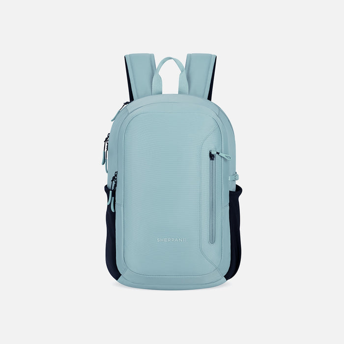 A Sherpani Getaway Surf Blue Travel Backpack, front view showing lockable zipper pocket and straps on white background. #color_surf-blue