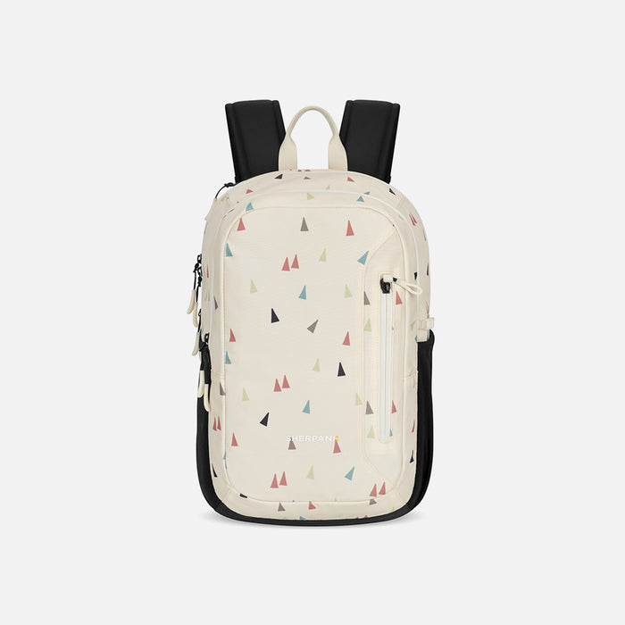 A Sherpani Getaway Terrazzo Print Travel Backpack, front view showing lockable zipper pocket and straps on white background. #color_terrazzo-print