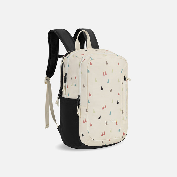 A Sherpani Getaway Terrazzo Print Travel Backpack, 3/4 view showing lockable zipper pocket and straps on a white background. #color_terrazzo-print