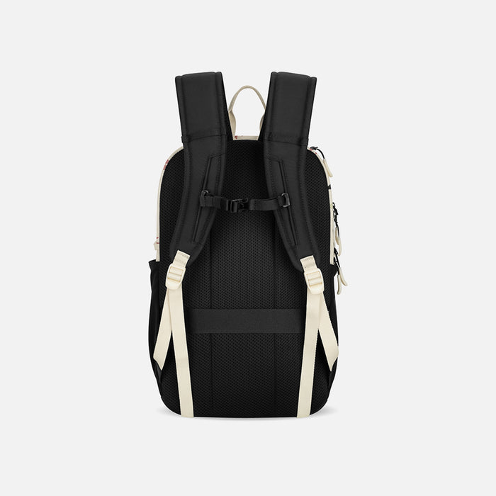 A Sherpani Getaway Terrazzo Print Travel Backpack, back view showing shoulder straps and luggage strap on white background. #color_terrazzo-print