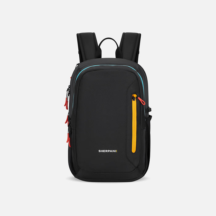 A Sherpani Getaway Chromatic Black Travel Backpack, front view showing lockable zipper pocket and straps on white background. #color_chromatic-black