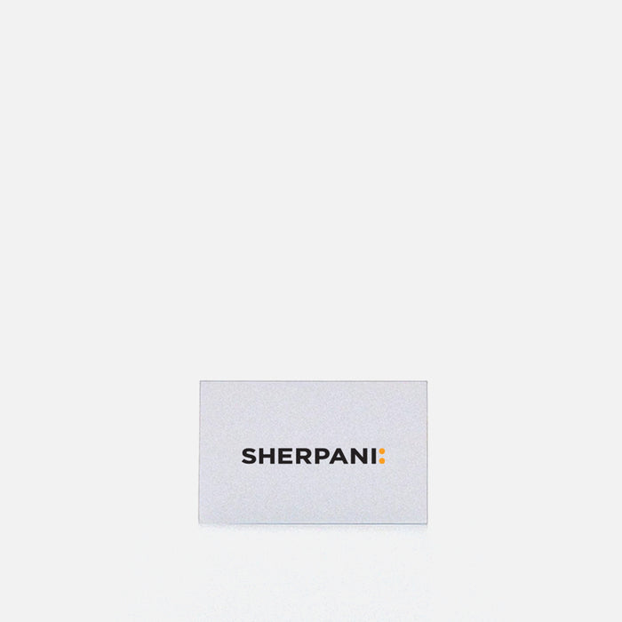 Rectangular Giftcard with 'Sherpani' logo on a light gray background