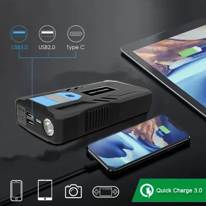 INICIADOR DE BATERÍA PARA CARRO MOTO CON LINTERNA POWER BANK