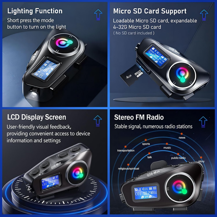 INTERCOMUNICADOR PARA MOTO Q58 RGB MÚSICA BLUETOOTH 25 HORAS