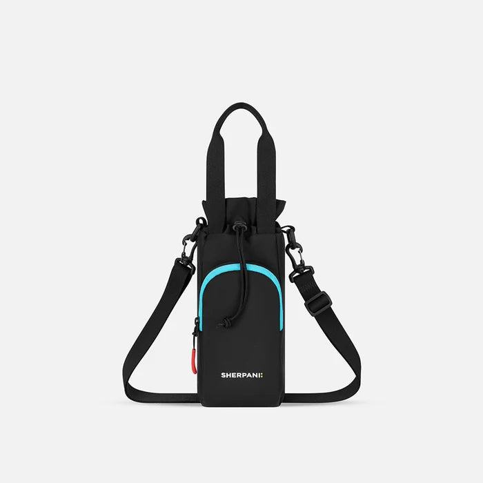 A Sherpani Izzie Chromatic Black Water Bottle Crossbody, front view showing strap and front pocket on white background.  #color_chromatic-black
