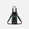 A Sherpani Izzie Chromatic Black Water Bottle Crossbody, front view showing strap and front pocket on white background.  #color_chromatic-black