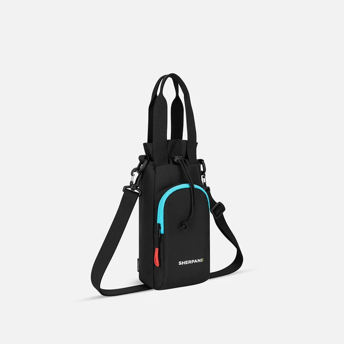 A Sherpani Izzie Chromatic Black Water Bottle Crossbody, 3/4 view showing strap and front pocket on white background.  #color_chromatic-black