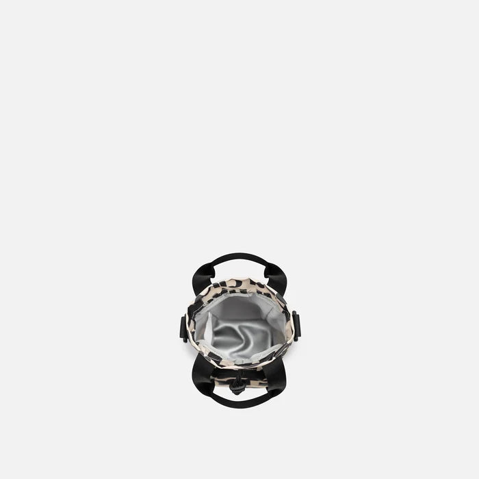 A Sherpani Izzie Ciao Water Bottle Crossbody, above view showing inside water bottle holder on white background.  #color_ciao-print