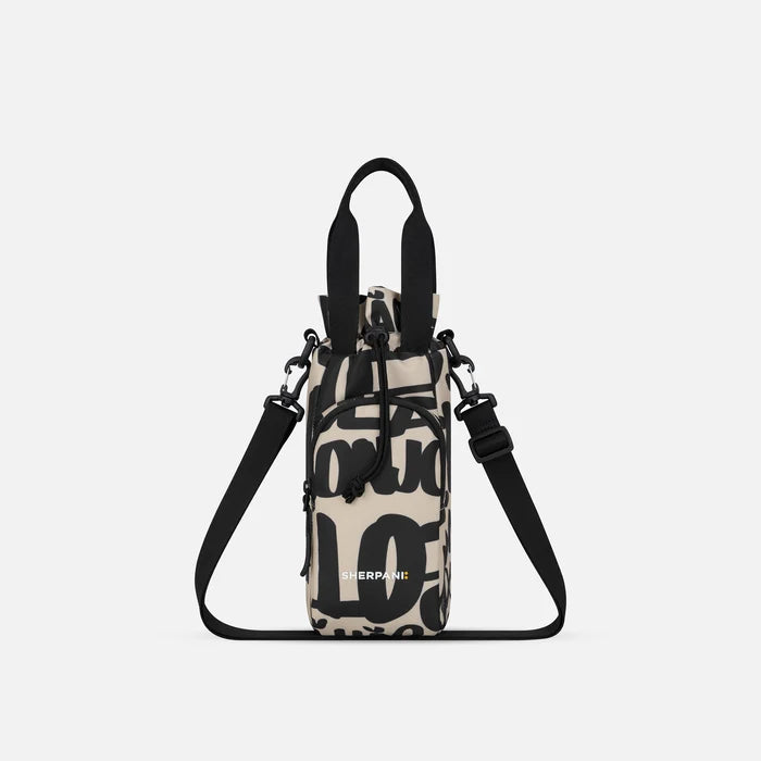 A Sherpani Izzie Ciao Water Bottle Crossbody, front view showing strap and front pocket on white background.  #color_ciao-print