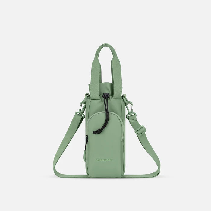 A Sherpani Izzie Olivine Water Bottle Crossbody, front view showing strap and front pocket on white background.  #color_olivine-green