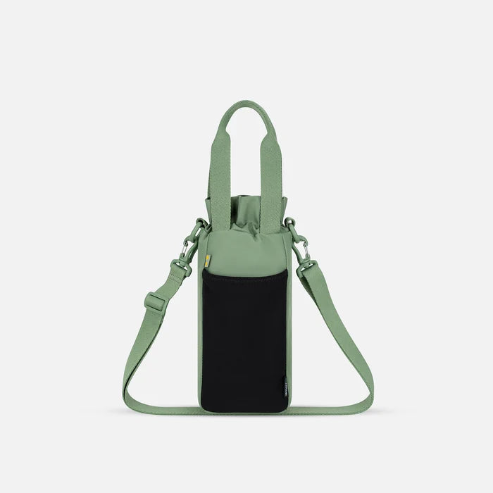 A Sherpani Izzie Olivine Water Bottle Crossbody, back view showing strap and back pocket on white background.   #color_olivine-green