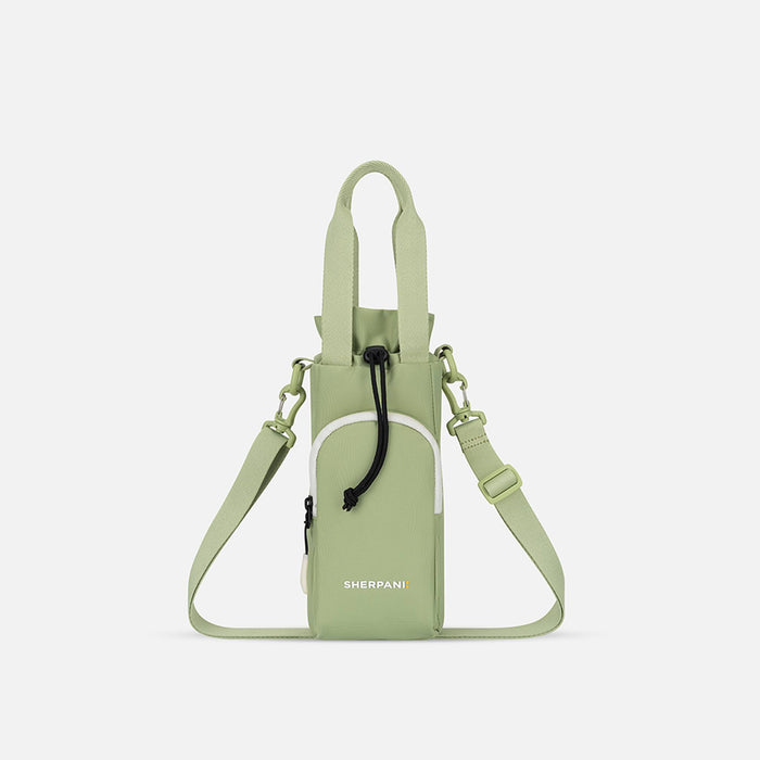A Sherpani Izzie Palm Green Water Bottle Crossbody, front view showing strap and front pocket on white background.  #color_palm-green