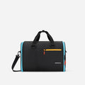 A Sherpani Jaunt Chromatic Black Garment Duffle, front view showing straps & lockable pocket on white backdrop.   #color_chromatic-black