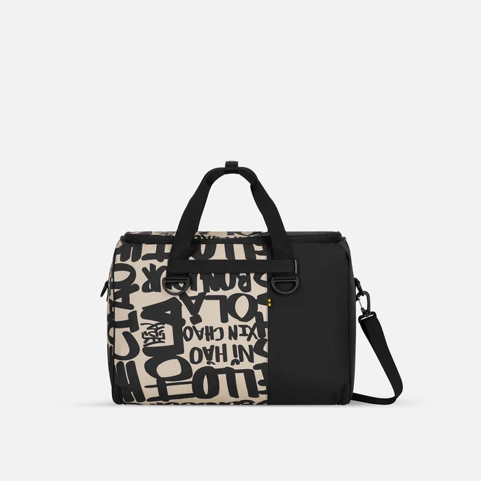 A Sherpani Jaunt Ciao Garment Duffle, back view showing straps & luggage strap on white backdrop.     #color_ciao-print