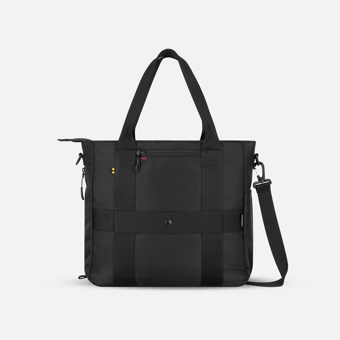 A Sherpani Jetsetter Ciao Travel Tote Bag, back view showing luggage strap and RFID pocket on white backdrop.   #color_ciao-print