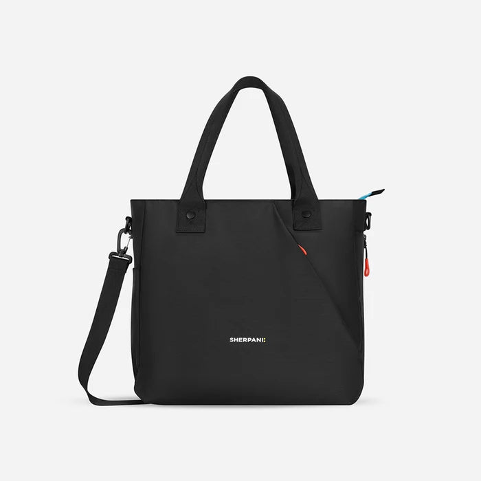 A Sherpani Jetsetter Chromatic Black Travel Tote Bag, front view showing two strap options on white backdrop.  #color_chromatic-black