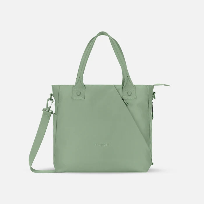A Sherpani Jetsetter Olivine Travel Tote Bag, front view showing two strap options on white backdrop. #color_olivine-green