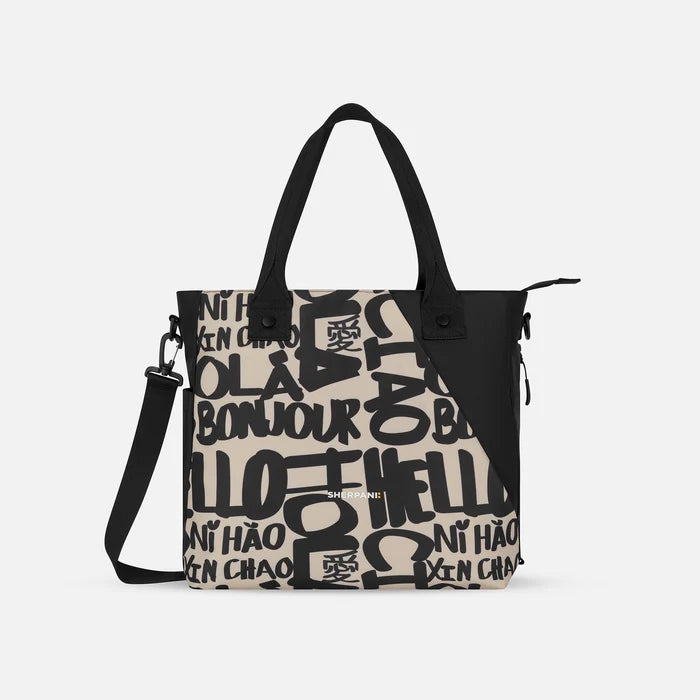 A Sherpani Jetsetter Ciao Travel Tote Bag, front view showing two strap options on white backdrop.  #color_ciao-print