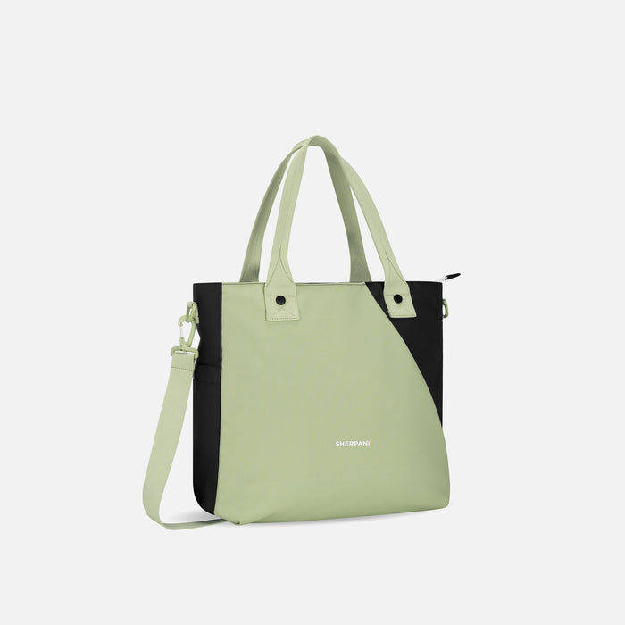 A Sherpani Jetsetter Palm Green Travel Tote Bag, 3/4 view showing two strap options on white backdrop. #color_palm-green