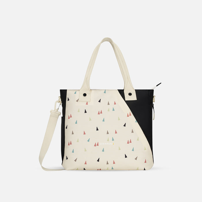 A Sherpani Jetsetter Terrazzo Print Travel Tote Bag, front view showing two strap options on white backdrop. #color_terrazzo-print