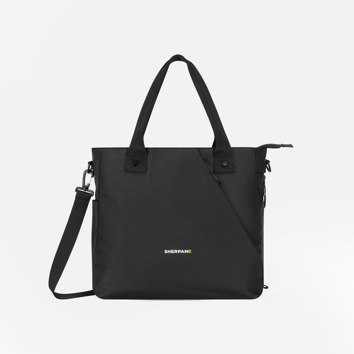 A Sherpani Jetsetter Raven Black Travel Tote Bag, front view showing two strap options on white backdrop. #color_raven-black