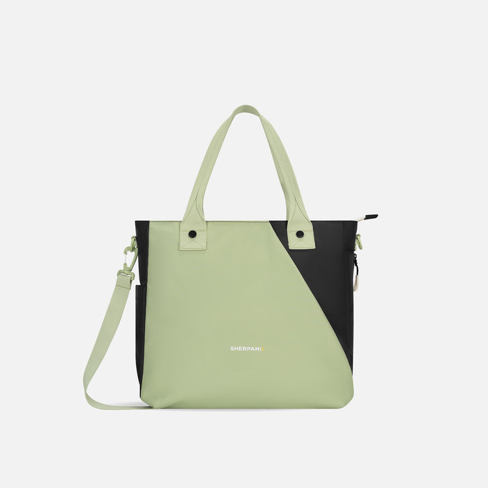 A Sherpani Jetsetter Palm Green Travel Tote Bag, front view showing two strap options on white backdrop. #color_palm-green