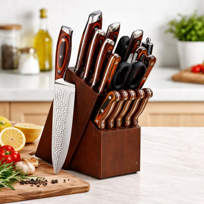 JUEGO CUCHILLOS COCINA BASE MADERA ACERO INOXIDABLE PREMIUM
