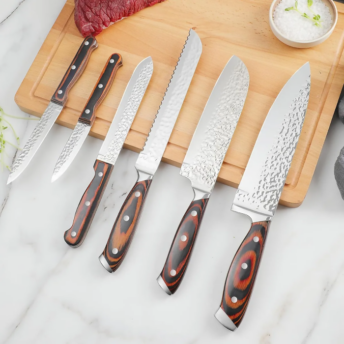 JUEGO CUCHILLOS COCINA BASE MADERA ACERO INOXIDABLE PREMIUM