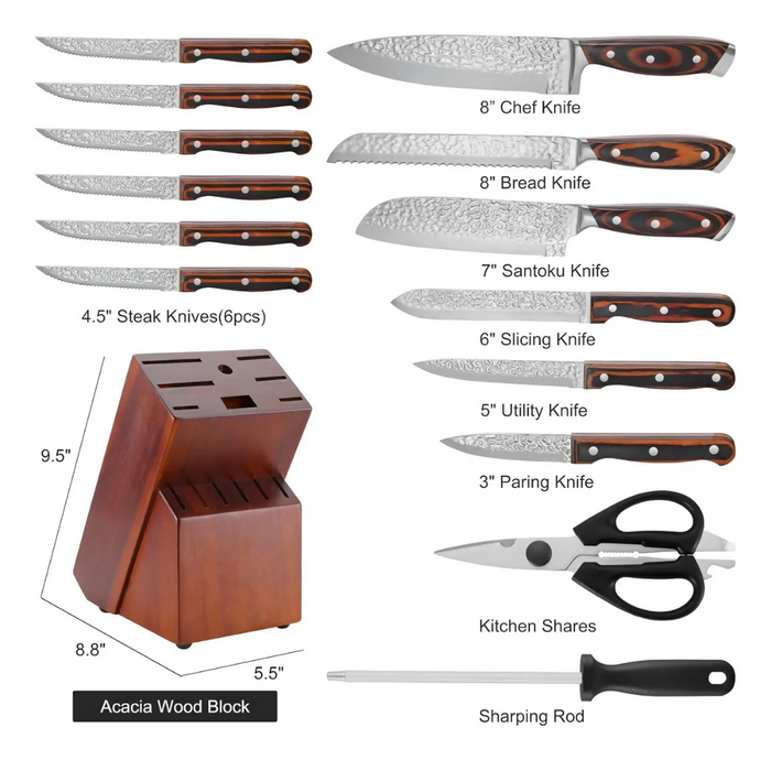 JUEGO CUCHILLOS COCINA BASE MADERA ACERO INOXIDABLE PREMIUM