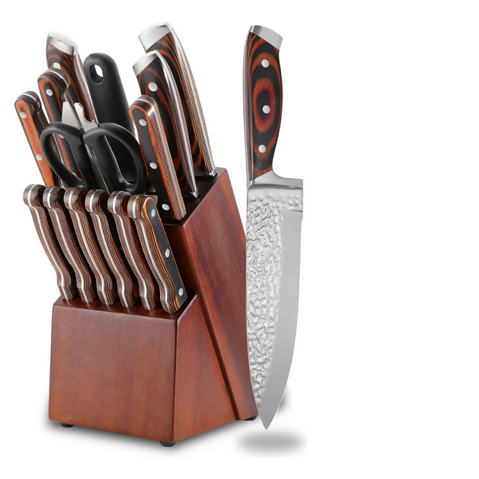 JUEGO CUCHILLOS COCINA BASE MADERA ACERO INOXIDABLE PREMIUM