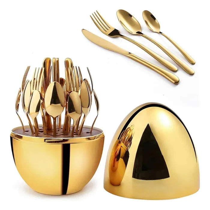 JUEGO DE CUBIERTOS 24PCS ACERO INOXIDABLE GOLD ESTUCHE HUEVO