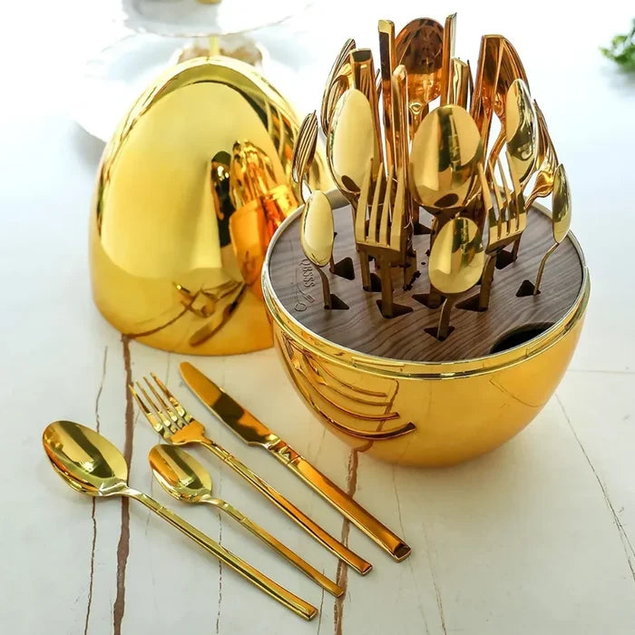 JUEGO DE CUBIERTOS 24PCS ACERO INOXIDABLE GOLD ESTUCHE HUEVO