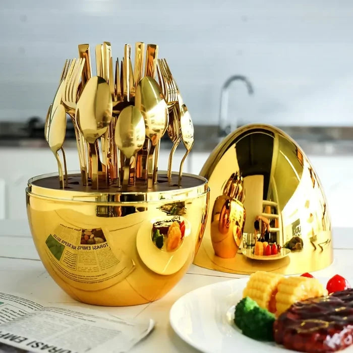 JUEGO DE CUBIERTOS 24PCS ACERO INOXIDABLE GOLD ESTUCHE HUEVO