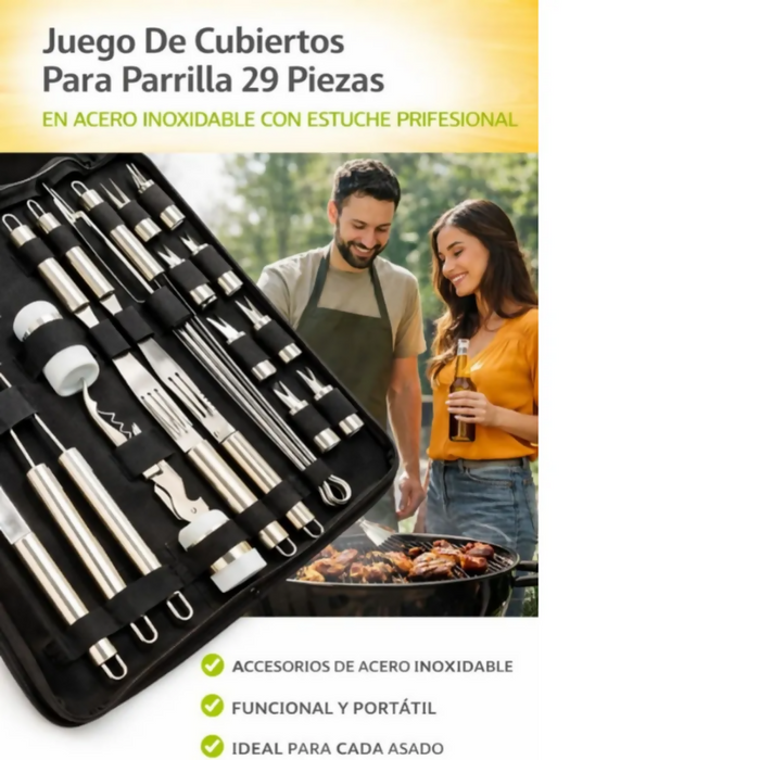 JUEGO DE CUBIERTOS PARA PARRILLA 29 PIEZAS EN ACERO INOXIDABLE CON ESTUCHE PROFESIONAL