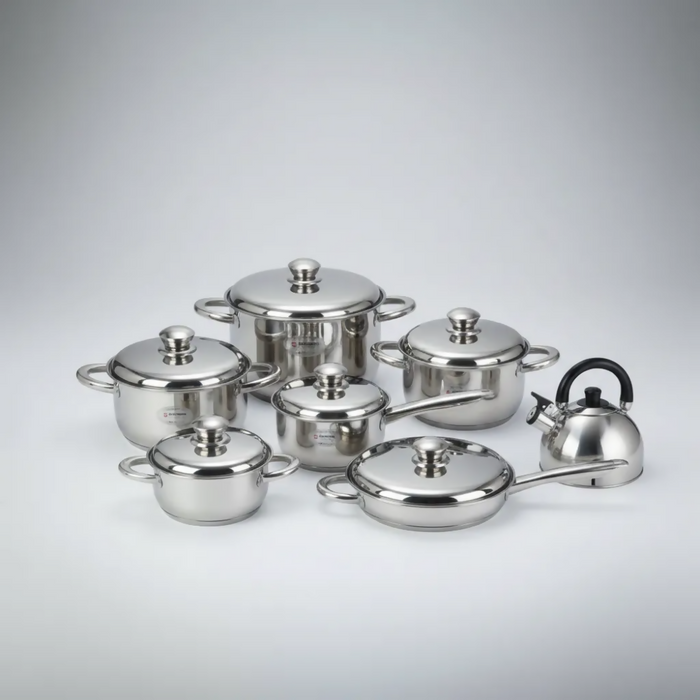 JUEGO DE OLLAS ACERO INOXIDABLE SWISSHOME X 13 GRATIS TETERA PLATEADO