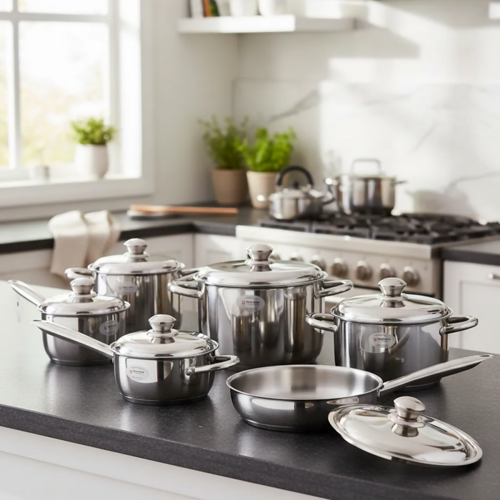 JUEGO DE OLLAS ACERO INOXIDABLE SWISSHOME X 13 GRATIS TETERA PLATEADO