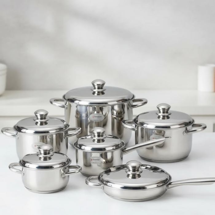JUEGO DE OLLAS ACERO INOXIDABLE SWISSHOME X 13 GRATIS TETERA PLATEADO