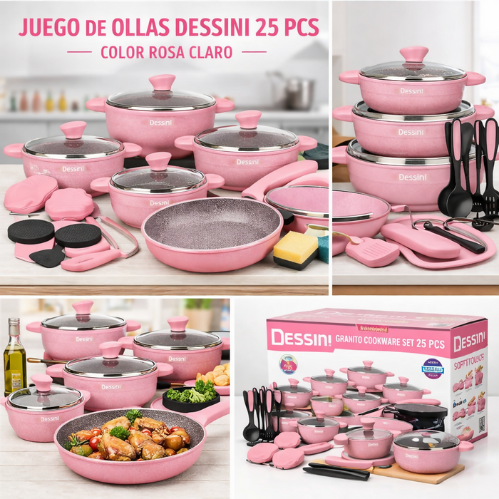 JUEGO DE OLLAS BATERÍA DE COCINA EN GRANITO DESSINI 25 PCS