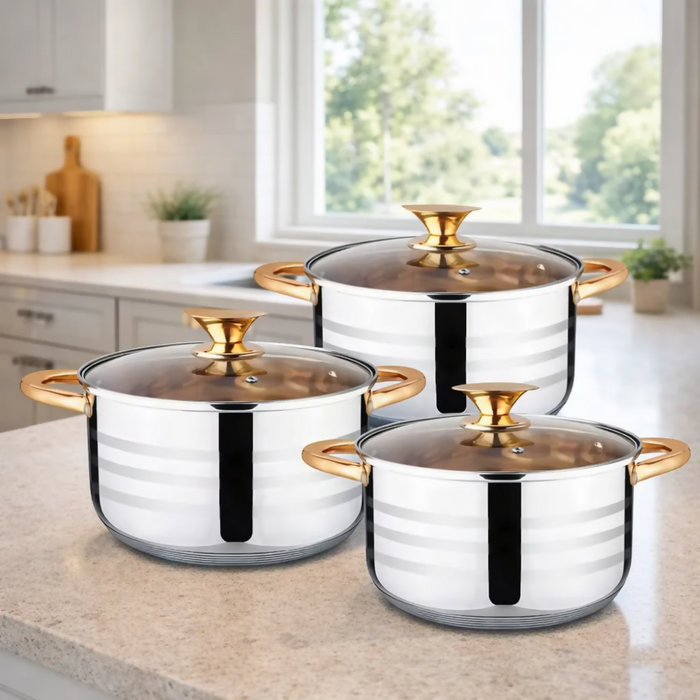 JUEGO OLLAS BATERÍA DE COCINA ACERO QUIRÚRGICO 6 PCS TAPA ACERO PLATEADO