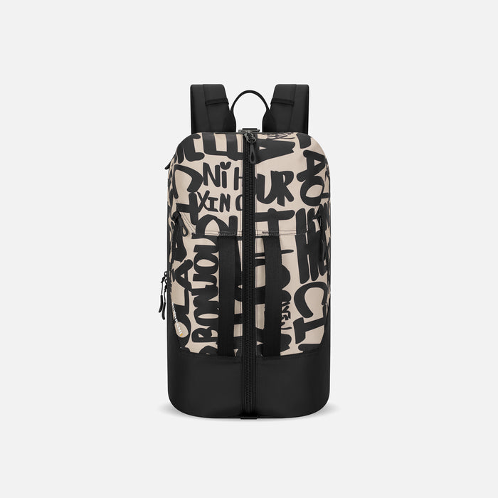 A Sherpani Juno Ciao Duffel Backpack, front view showing duffle straps and main pocket on white backdrop.  #color_ciao-print