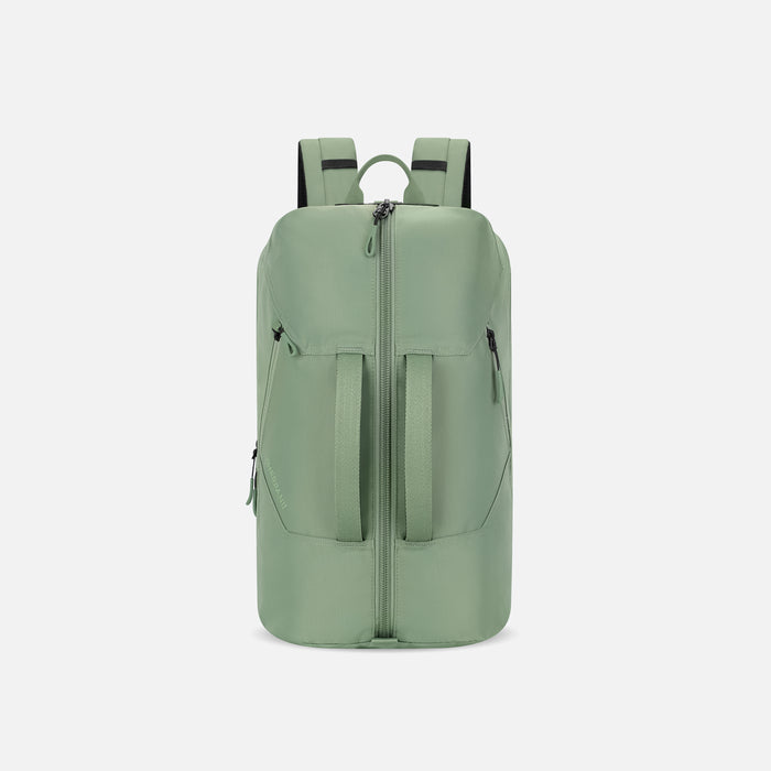 A Sherpani Juno Olivine Duffel Backpack, front view showing duffle straps and main pocket on white backdrop.  #color_olivine-green