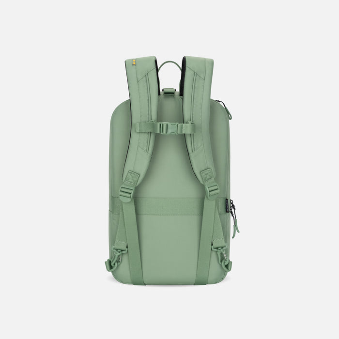 A Sherpani Juno Olivine Duffel Backpack, back view showing shoulder straps with buckle on white backdrop.   #color_olivine-green