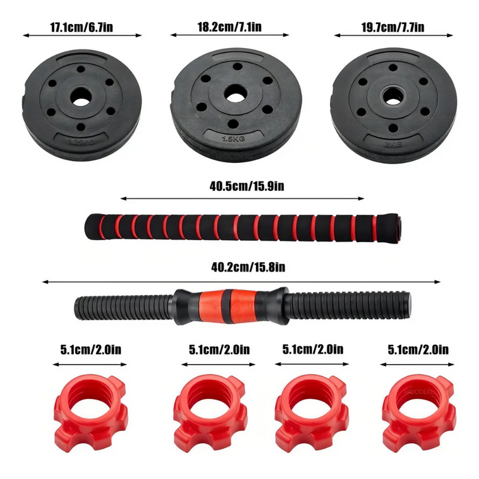 KIT 3 EN 1 MANCUERNAS AJUSTABLES 20KG CON BARRA RECTA