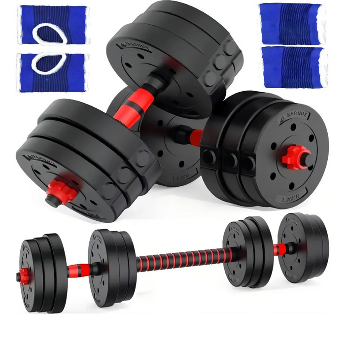 KIT 3 EN 1 MANCUERNAS AJUSTABLES 20KG CON BARRA RECTA