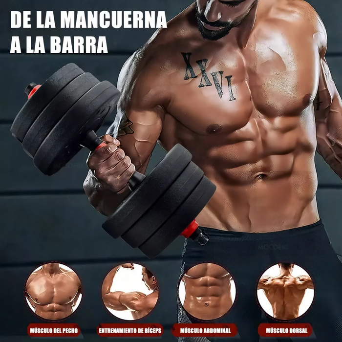 KIT 3 EN 1 MANCUERNAS AJUSTABLES 20KG CON BARRA RECTA